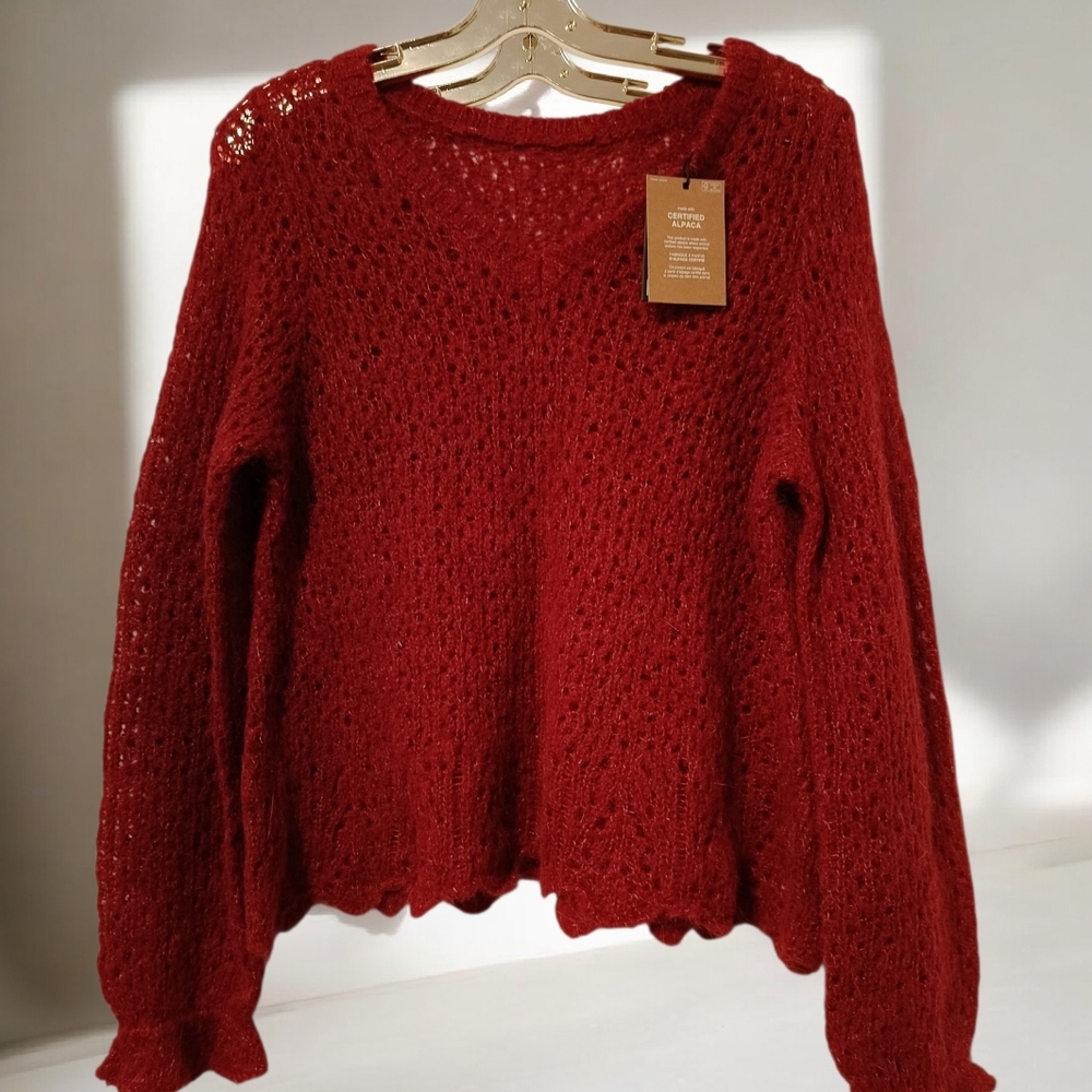 M❤️Pieces Open Knit V-Neck Sweater Alpaca Blend in Deep Red